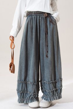 Nostalgic Blue Patchwork Elastic Waist Wide Leg Jeans