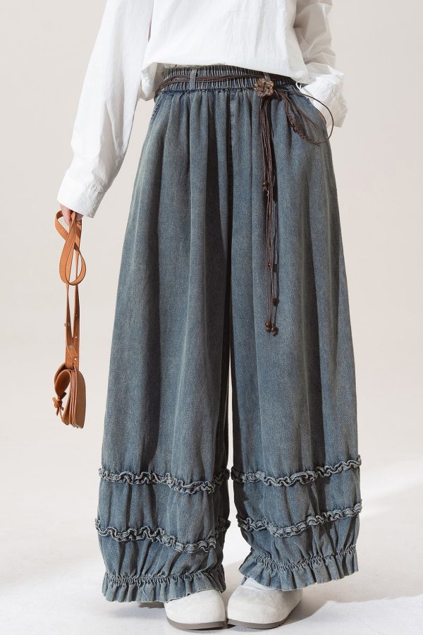 Nostalgic Blue Patchwork Elastic Waist Wide Leg Jeans