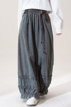 Nostalgic Blue Patchwork Elastic Waist Wide Leg Jeans
