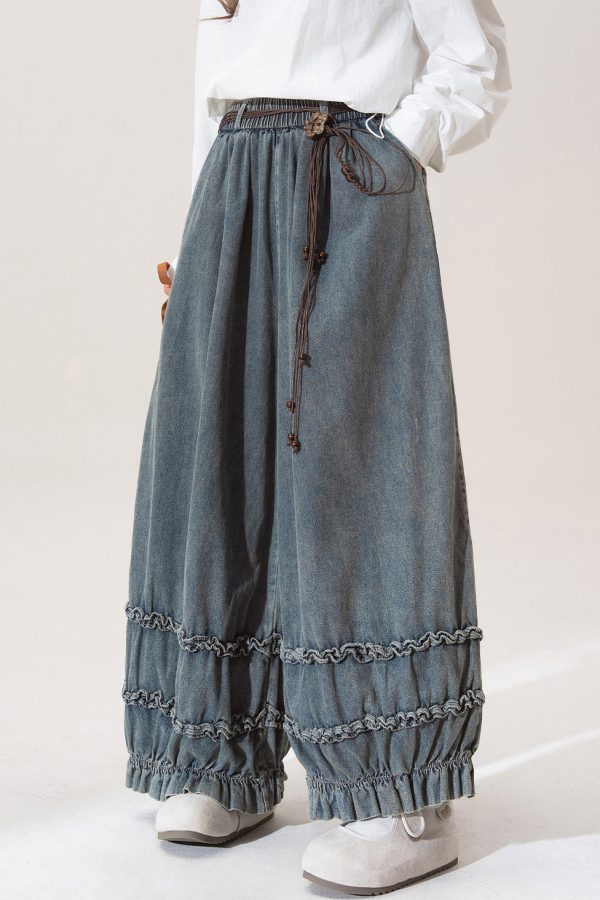 Nostalgic Blue Patchwork Elastic Waist Wide Leg Jeans