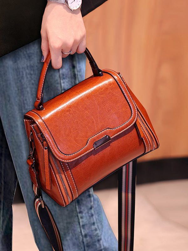 Novelty Coffee Zippered Patchwork Faux Leather Messenger Bag