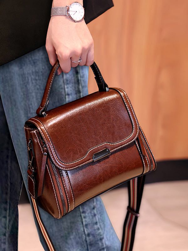 Novelty Coffee Zippered Patchwork Faux Leather Messenger Bag