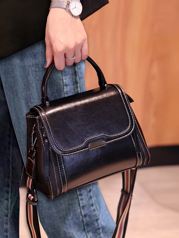 Novelty Coffee Zippered Patchwork Faux Leather Messenger Bag