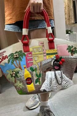 Novelty Embroidered Patchwork Faux Leather Tote Bag