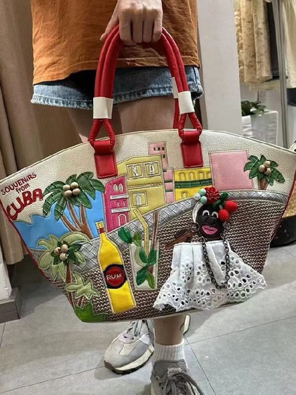 Novelty Embroidered Patchwork Faux Leather Tote Bag