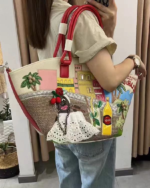 Novelty Embroidered Patchwork Faux Leather Tote Bag