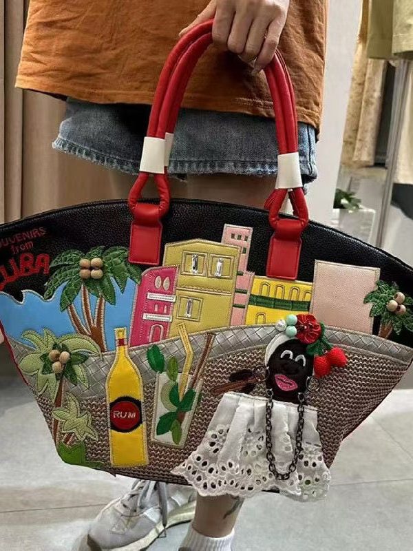 Novelty Embroidered Patchwork Faux Leather Tote Bag