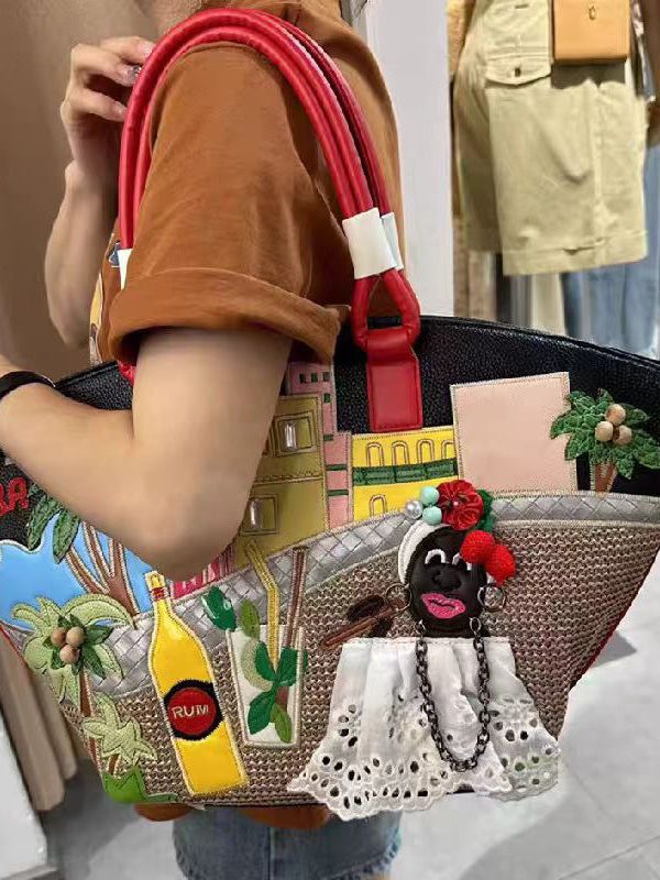 Novelty Embroidered Patchwork Faux Leather Tote Bag