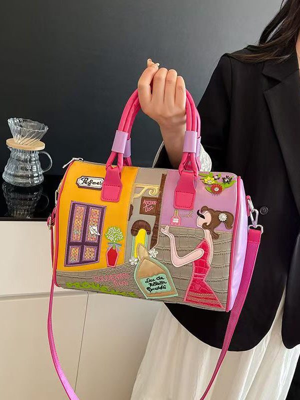 Novelty Rose Embroidered Patchwork Faux Leather Tote Handbag