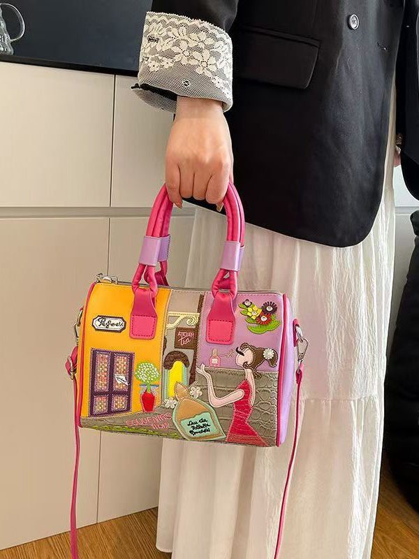 Novelty Rose Embroidered Patchwork Faux Leather Tote Handbag