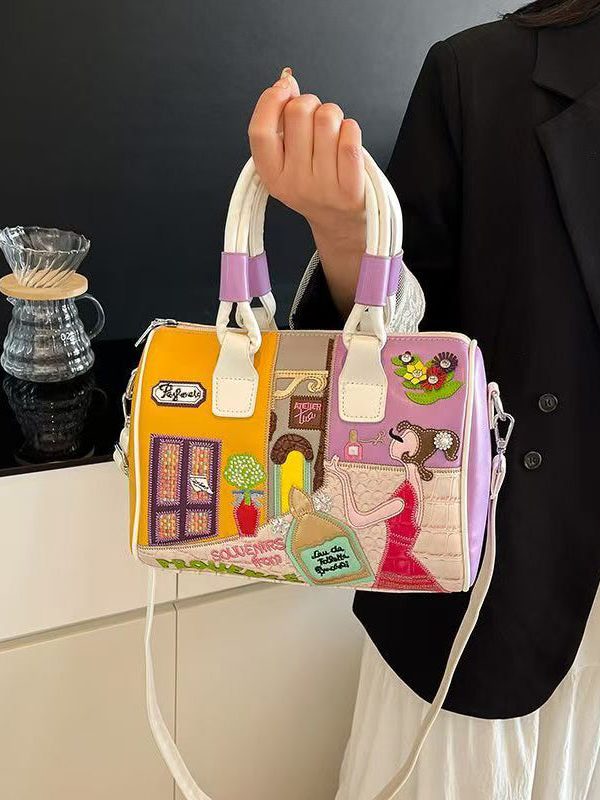 Novelty Rose Embroidered Patchwork Faux Leather Tote Handbag