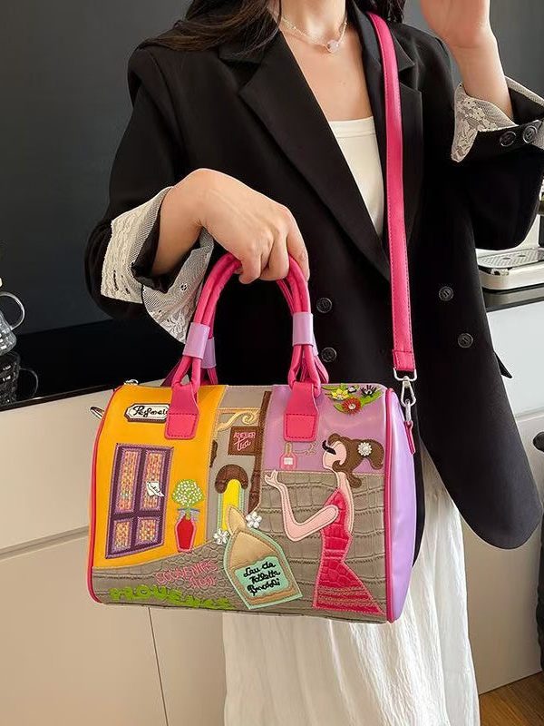 Novelty Rose Embroidered Patchwork Faux Leather Tote Handbag