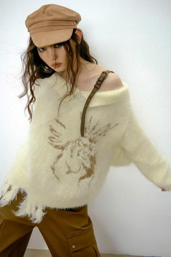 Off Shoulder Distressed Knit Sweater