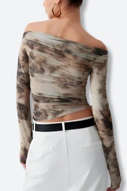 Off Shoulder Ruched Mesh Top