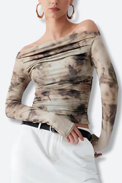 Off Shoulder Ruched Mesh Top