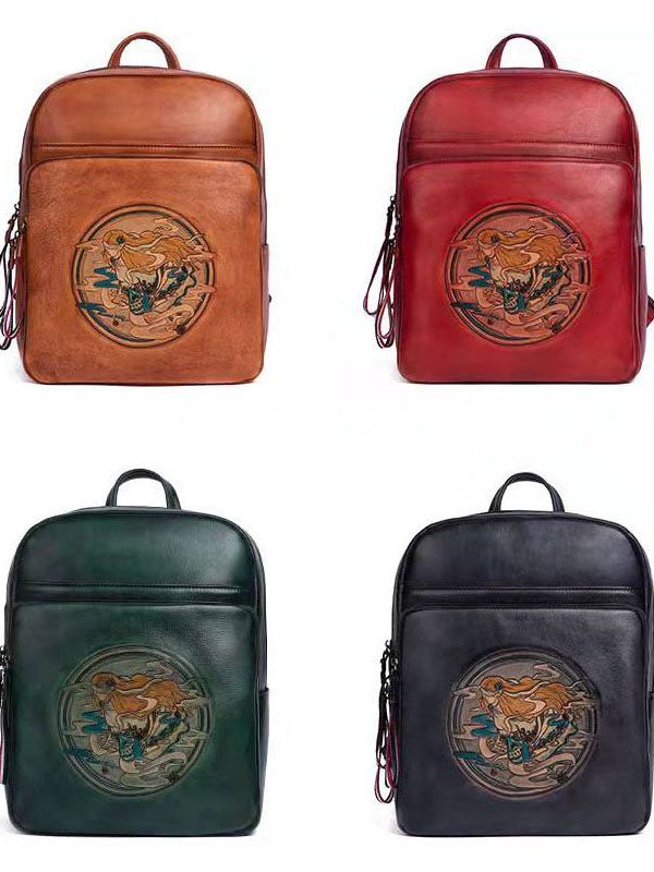 Organic Black character Paitings Calf Leather Tote Handbag