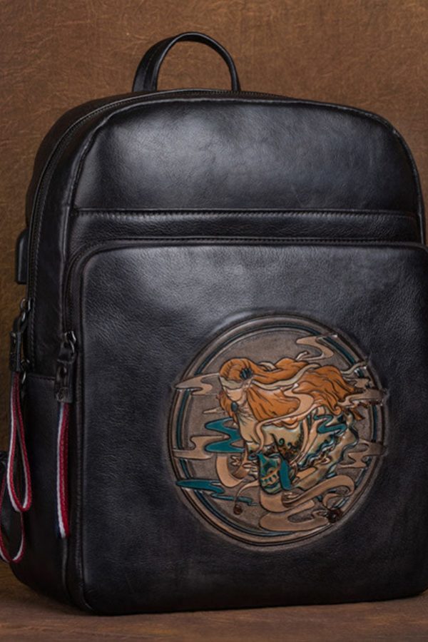 Organic Black character Paitings Calf Leather Tote Handbag