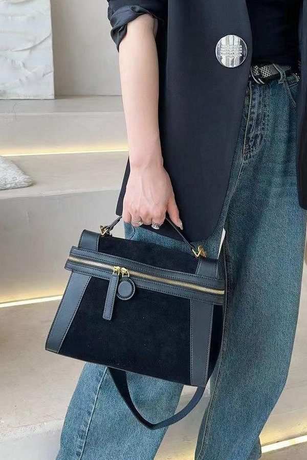 Organic Black Velour Patchwork Faux Leather Tote Handbag