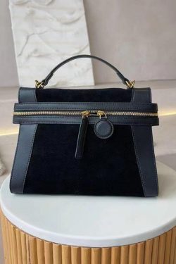 Organic Black Velour Patchwork Faux Leather Tote Handbag