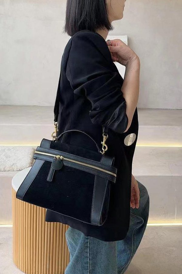 Organic Black Velour Patchwork Faux Leather Tote Handbag