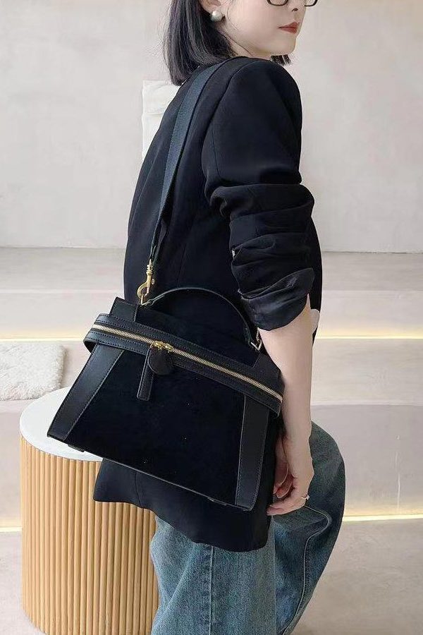 Organic Black Velour Patchwork Faux Leather Tote Handbag