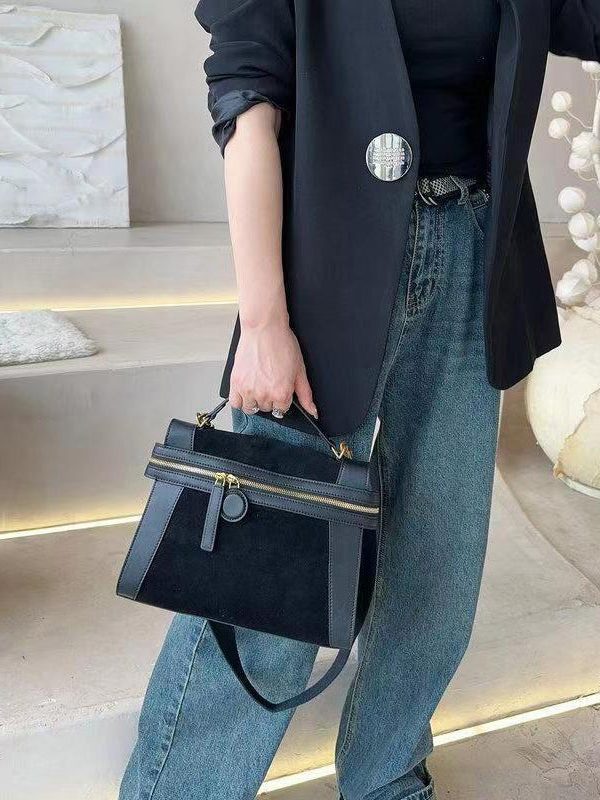 Organic Black Velour Patchwork Faux Leather Tote Handbag