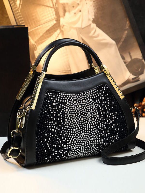 Organic Black Zircon Durable Faux Leather Tote Handbag