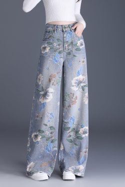 Organic Blue Pockets Print Denim Wide Leg Pants Spring