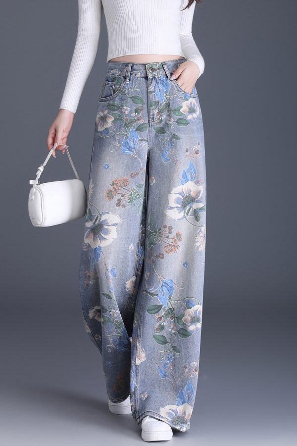Organic Blue Pockets Print Denim Wide Leg Pants Spring