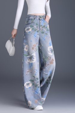 Organic Blue Pockets Print Denim Wide Leg Pants Spring