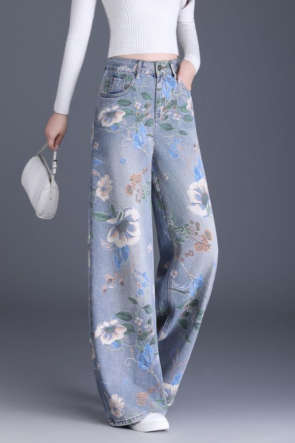 Organic Blue Pockets Print Denim Wide Leg Pants Spring