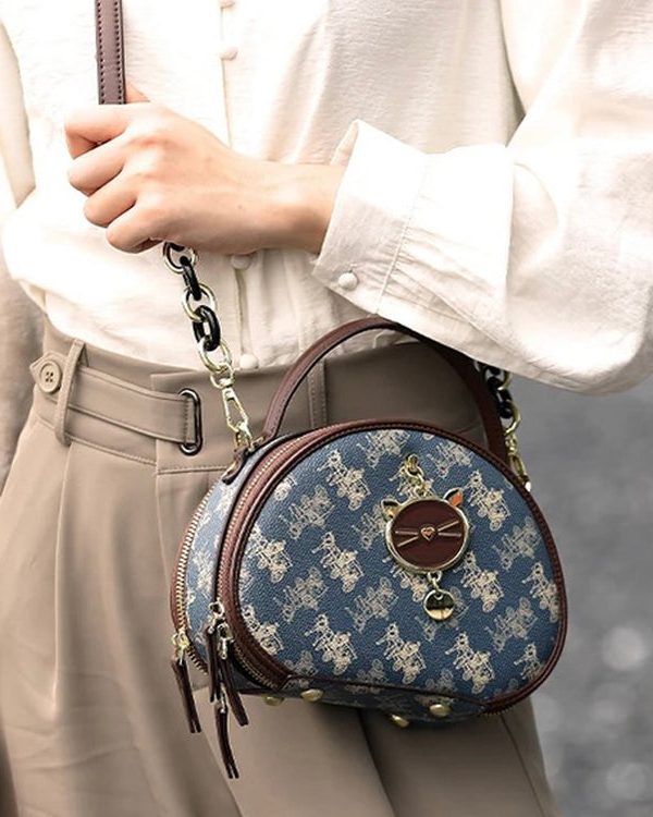 Organic Blue Print Faux Leather Round Bag