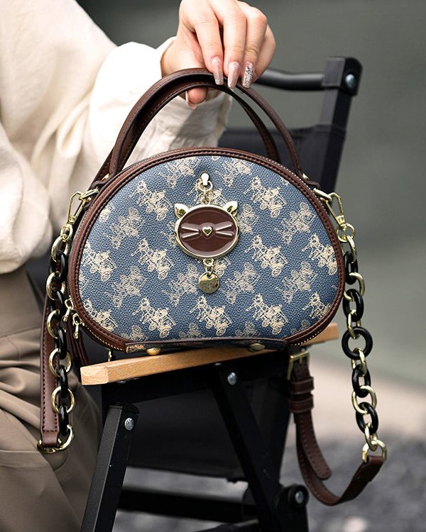 Organic Blue Print Faux Leather Round Bag