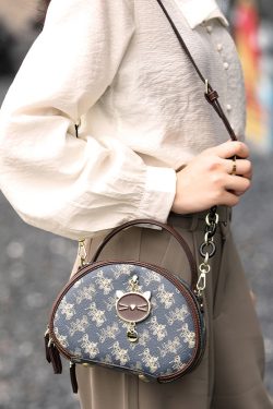 Organic Blue Print Faux Leather Round Bag