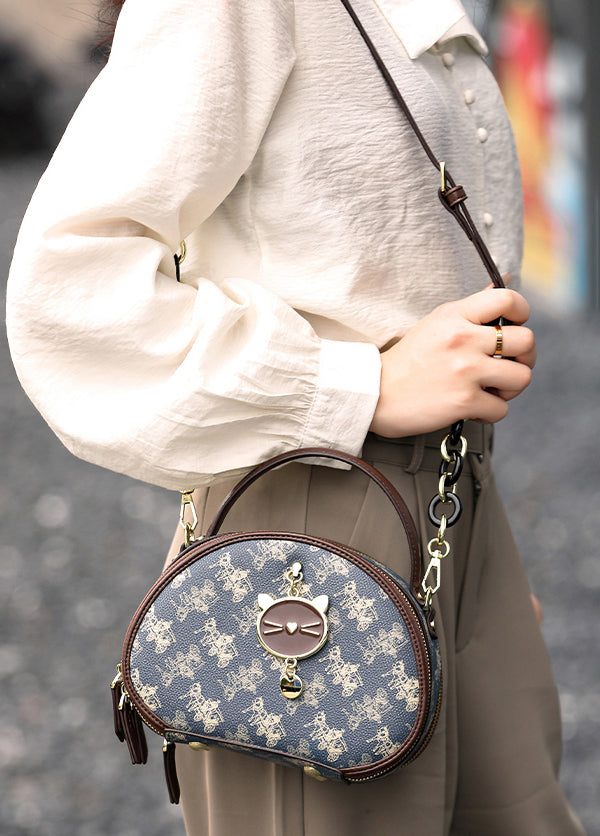 Organic Blue Print Faux Leather Round Bag