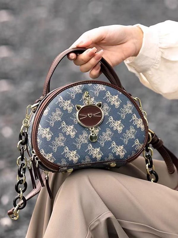 Organic Blue Print Faux Leather Round Bag