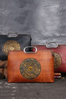 Organic Brown Rectangle Jacquard Calf Leather Tote Handbag