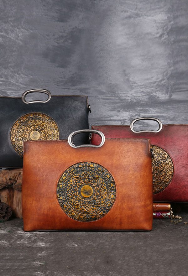 Organic Brown Rectangle Jacquard Calf Leather Tote Handbag