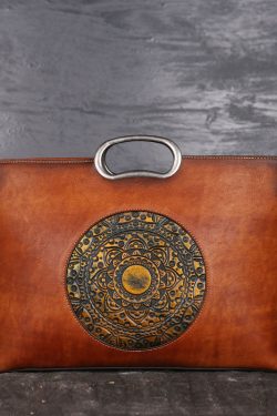 Organic Brown Rectangle Jacquard Calf Leather Tote Handbag