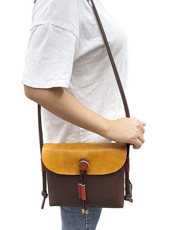 Organic Brown Yellow fashion Paitings Calf Leather Satchel Handbag