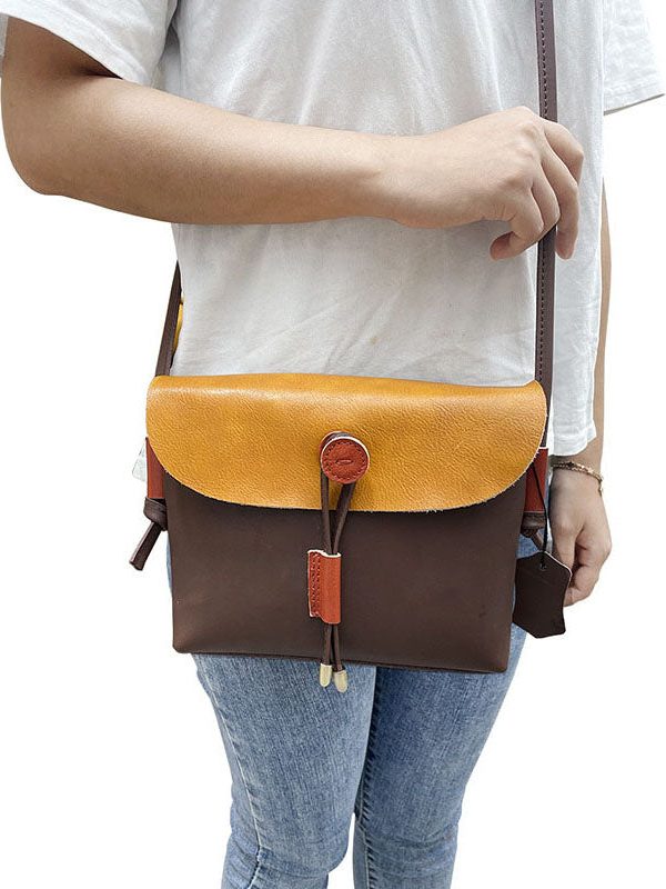 Organic Brown Yellow fashion Paitings Calf Leather Satchel Handbag
