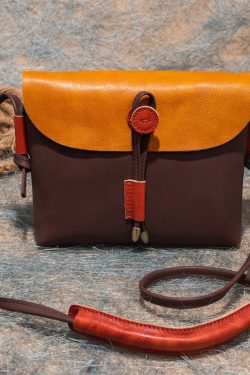 Organic Brown Yellow fashion Paitings Calf Leather Satchel Handbag