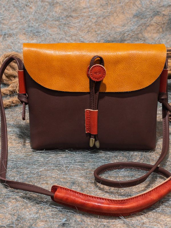 Organic Brown Yellow fashion Paitings Calf Leather Satchel Handbag