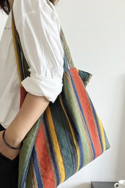 Organic Colorblock Colorful Stripes Canvas Vintage Satchel Handbag