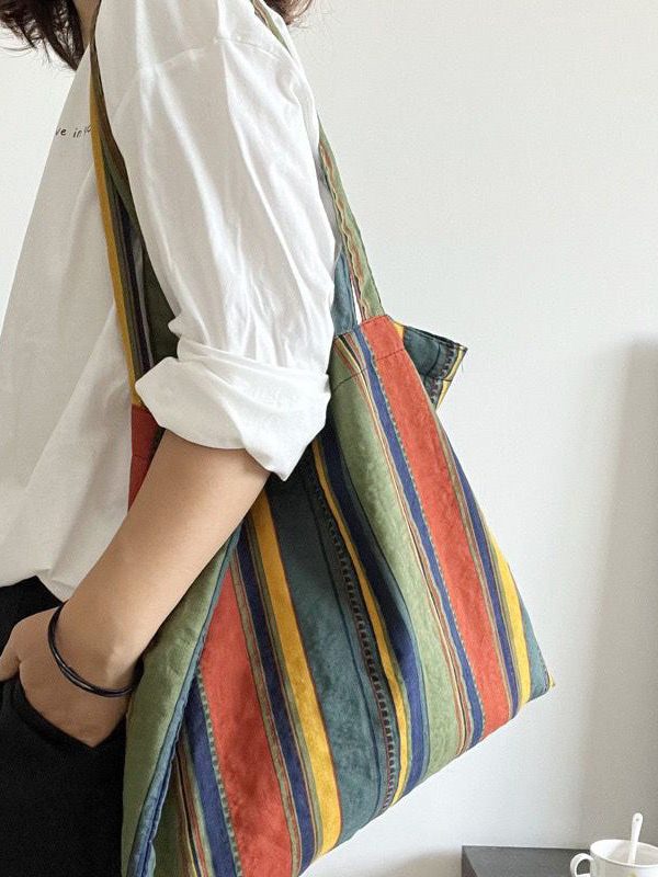 Organic Colorblock Colorful Stripes Canvas Vintage Satchel Handbag