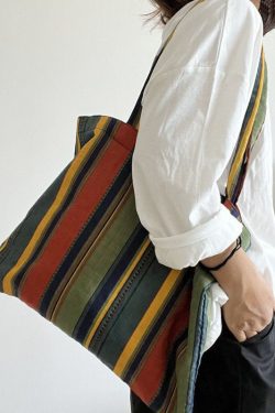 Organic Colorblock Colorful Stripes Canvas Vintage Satchel Handbag