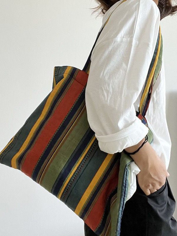Organic Colorblock Colorful Stripes Canvas Vintage Satchel Handbag