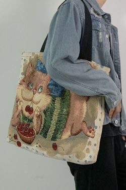 Organic Love Cats Print Patchwork Canvas Oversize Tote Handbag