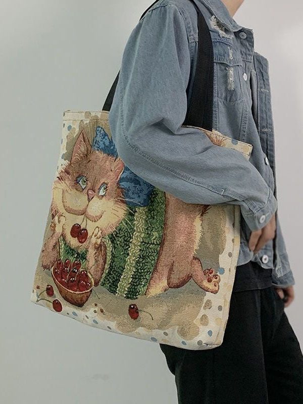 Organic Love Cats Print Patchwork Canvas Oversize Tote Handbag