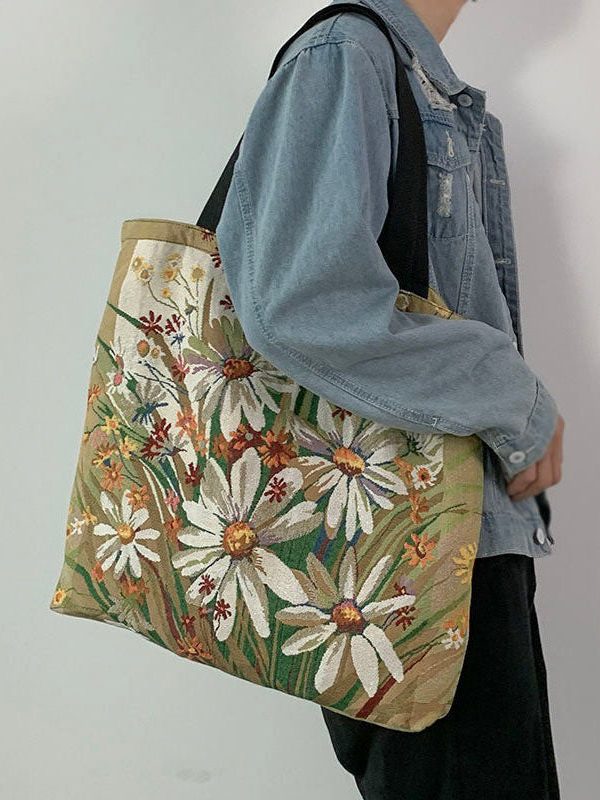 Organic Love Cats Print Patchwork Canvas Oversize Tote Handbag